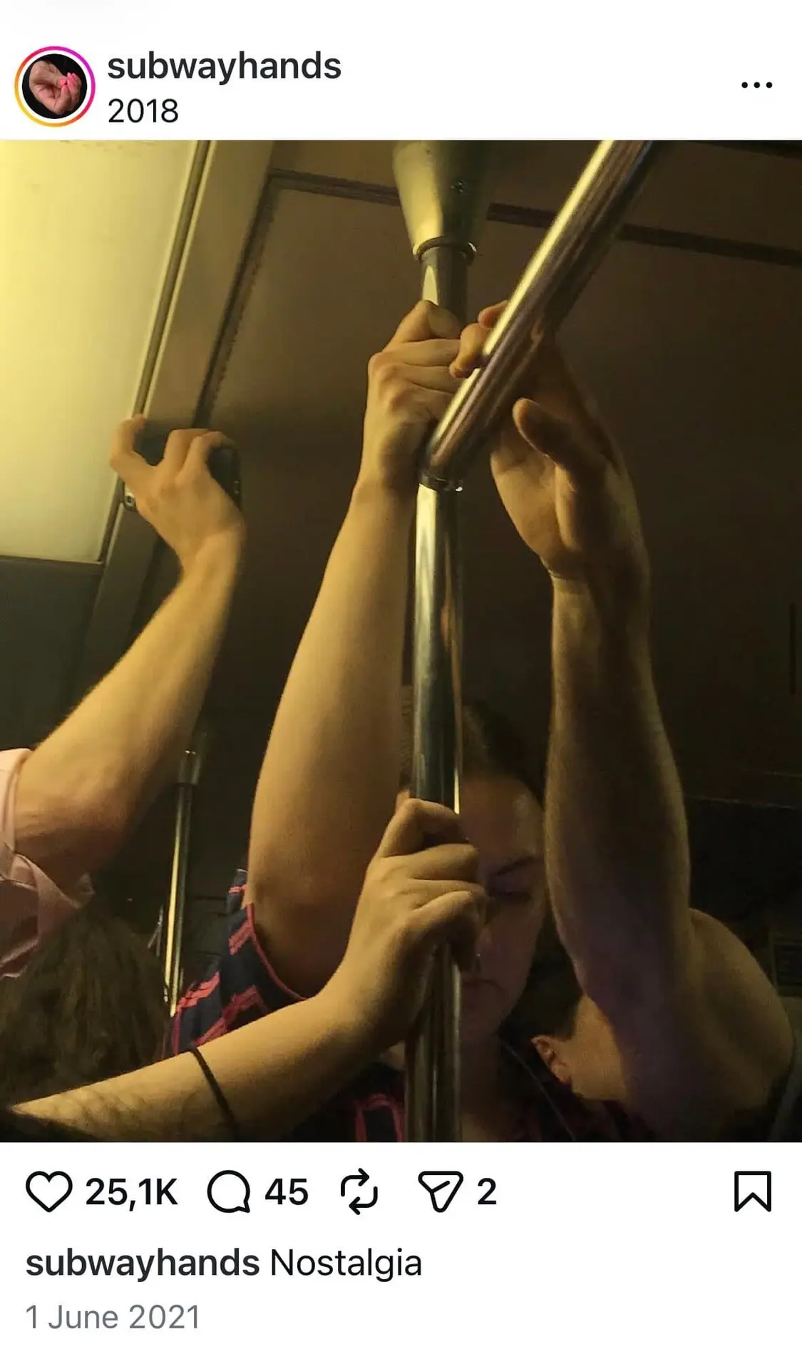 A post from @subwayhands showing hands gripping subway poles